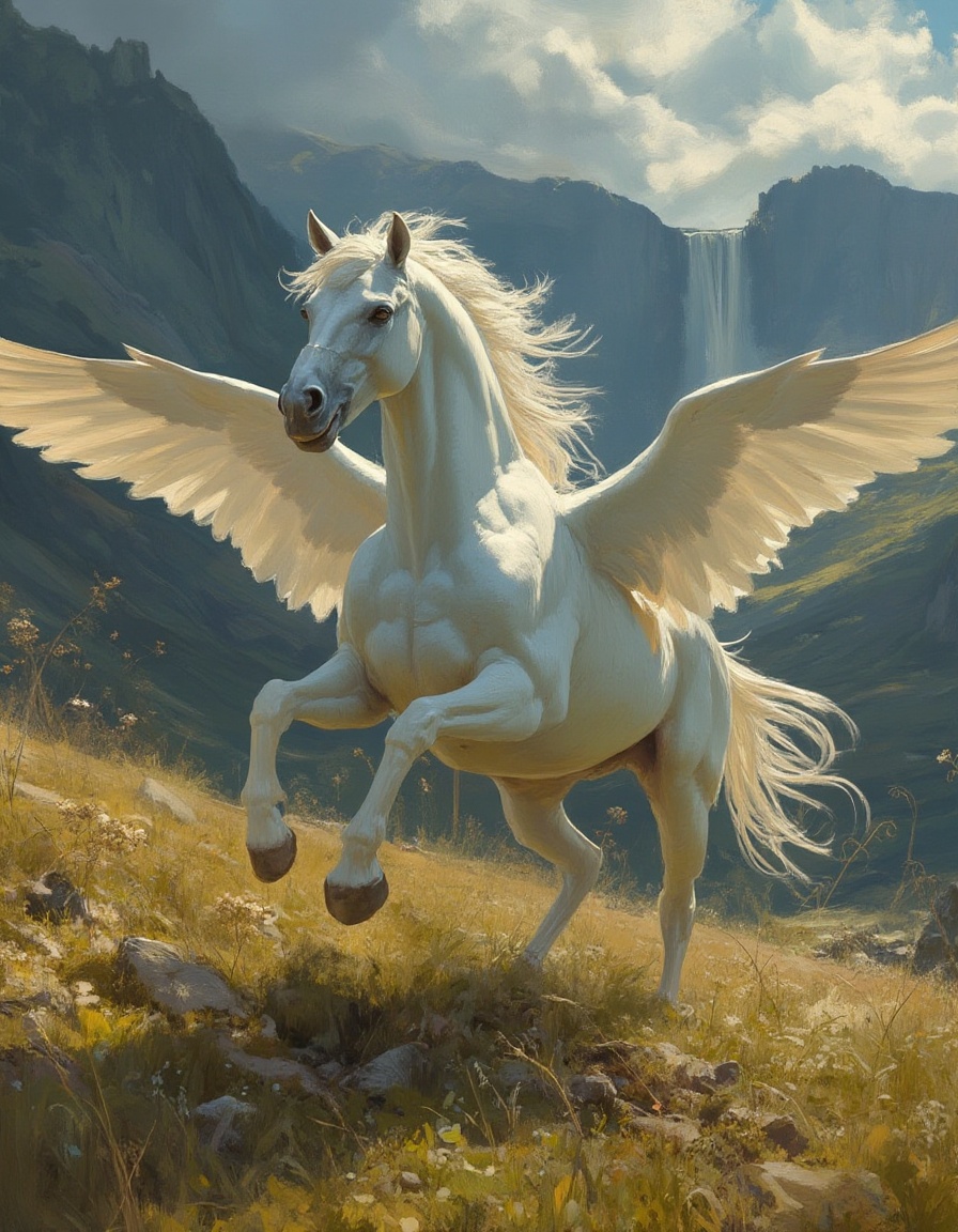 fantasy painting closeup portrait of a beautiful winged pegasus as it spreads its wings wide to take flight,  its hind leg...
