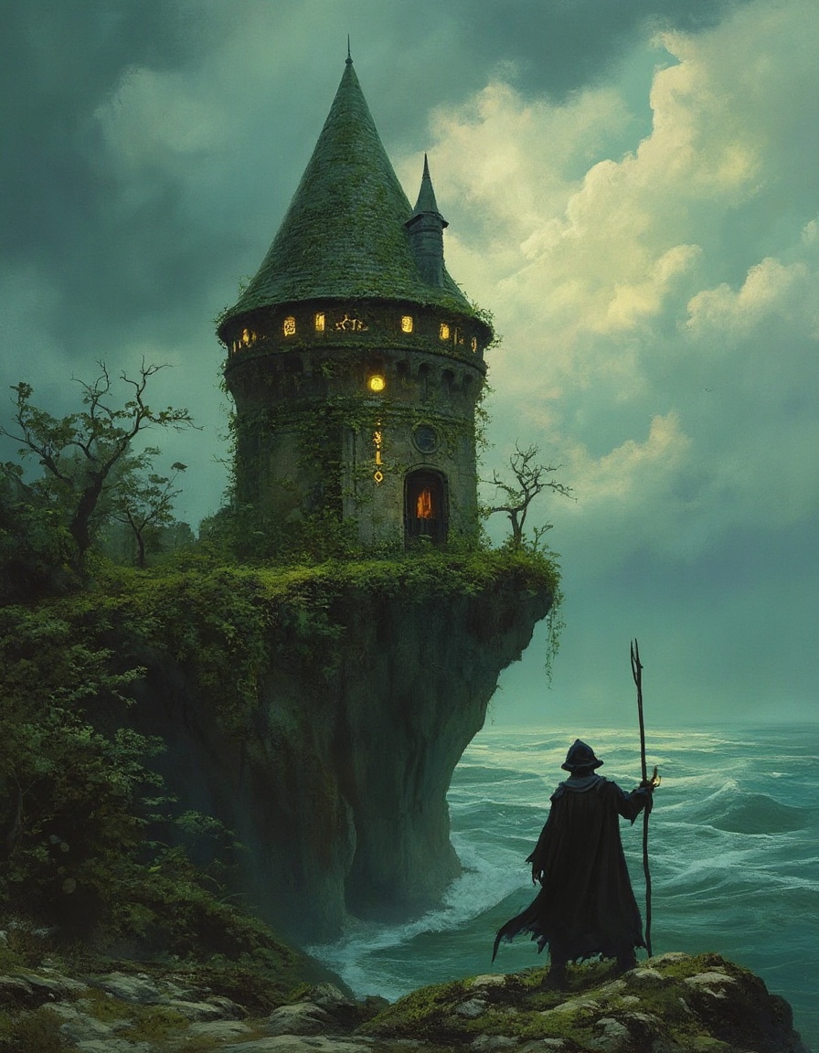 fantasy painting of a wizard’s tower perched on a cliff overlooking a stormy sea. The tower is ancient and covered in ivy,...