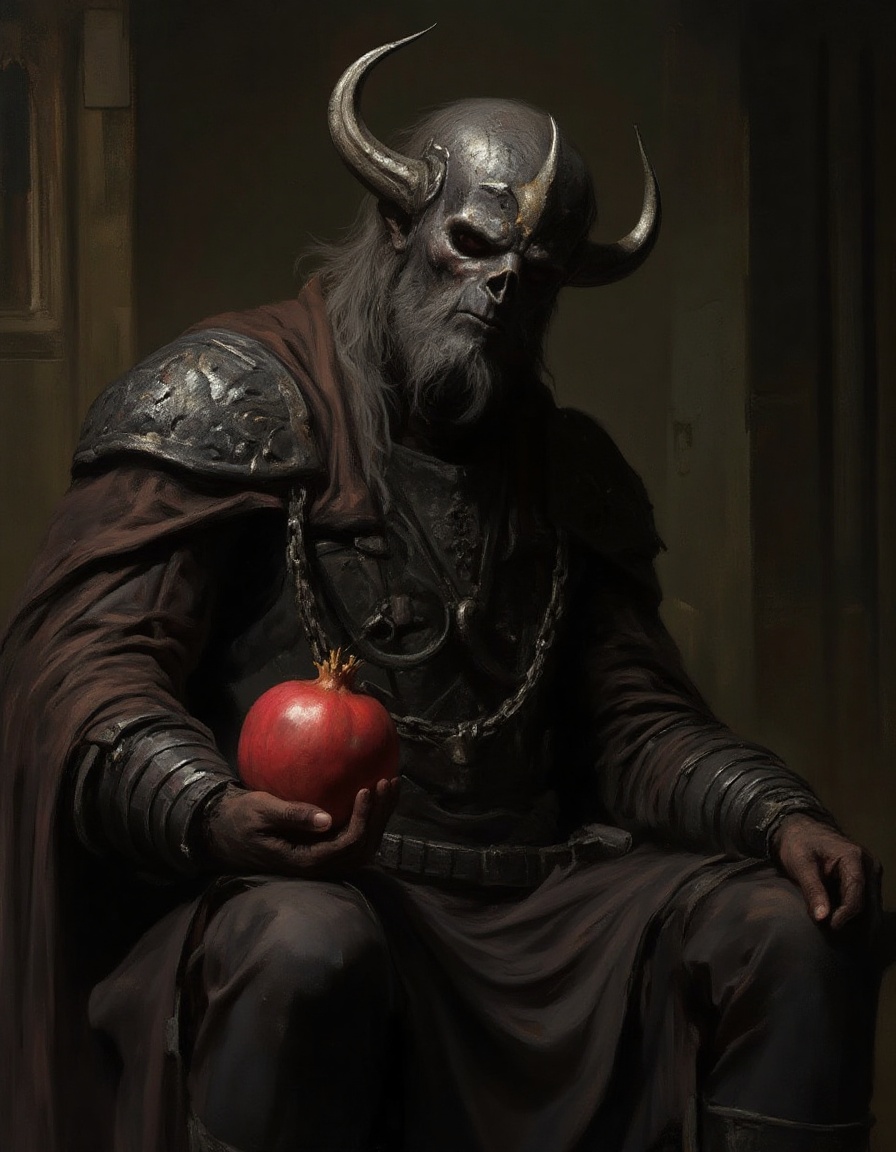 Fantasy painting portrait of the god of death holding a pomegranate and sitting on his throne in a dark chamber of his hel...