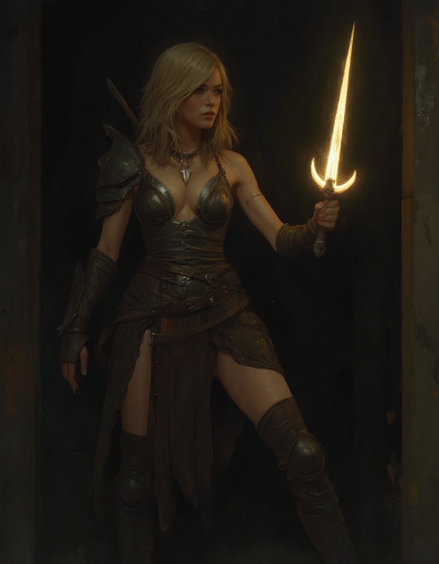 fantasy painting of a female warrior-woman in minimal revealing and sexy leather armor and holding a glowing sword. Dark e...