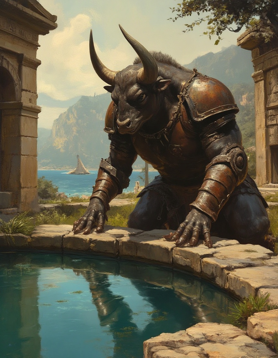 Fantasy painting of a monstrous minotaur in leather armor gazing down into a pool among ancient Grecian ruins,  bull-heade...