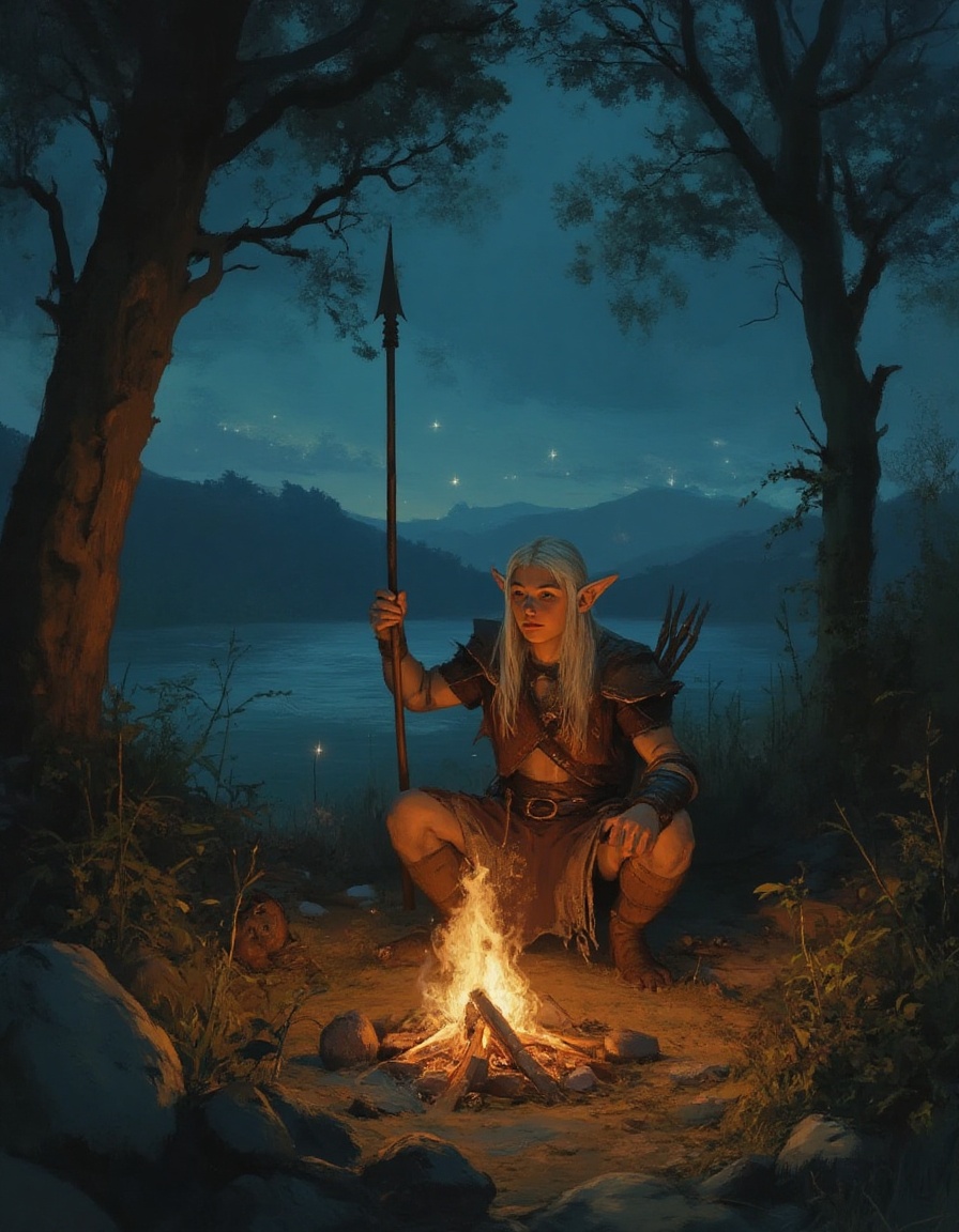 fantasy painting of an elf ranger squatting near a campfire at night holding a spear pointed up to the sky. Watchful eyes...