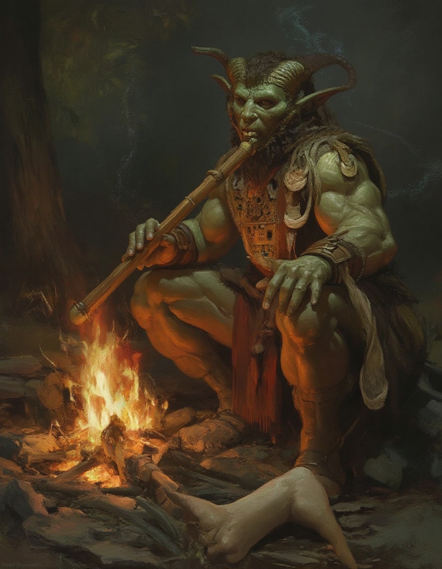 fantasy painting of a Firbolg Bard telling stories and playing a wooden flute beside a campfire in a mystical clearing on...