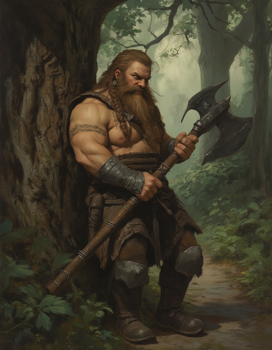 Fantasy painting of a dwarf warrior,  short and stocky man holding a massive battle axe - looks nearly as big as the dwarf...