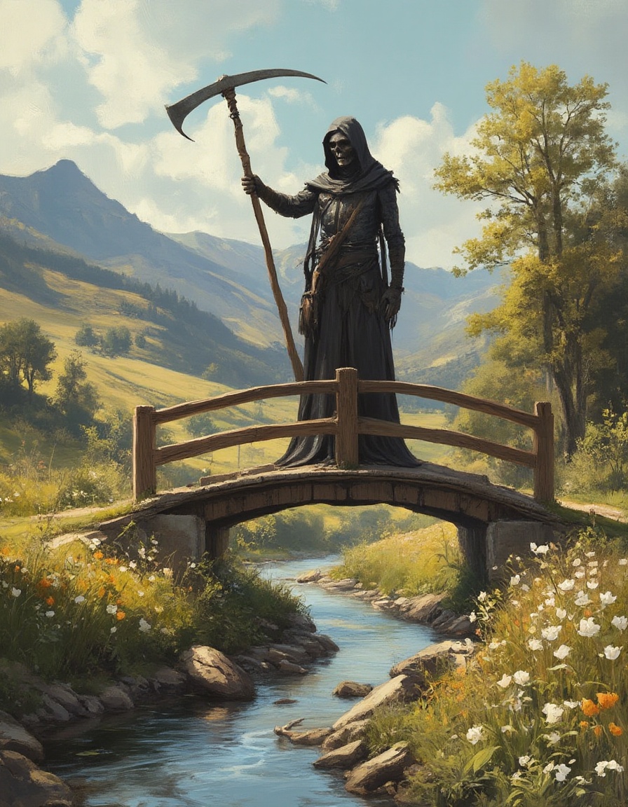fantasy painting of the grim reaper holding his scythe who stands on a bridge spanning a winding stream under a sunny sky...
