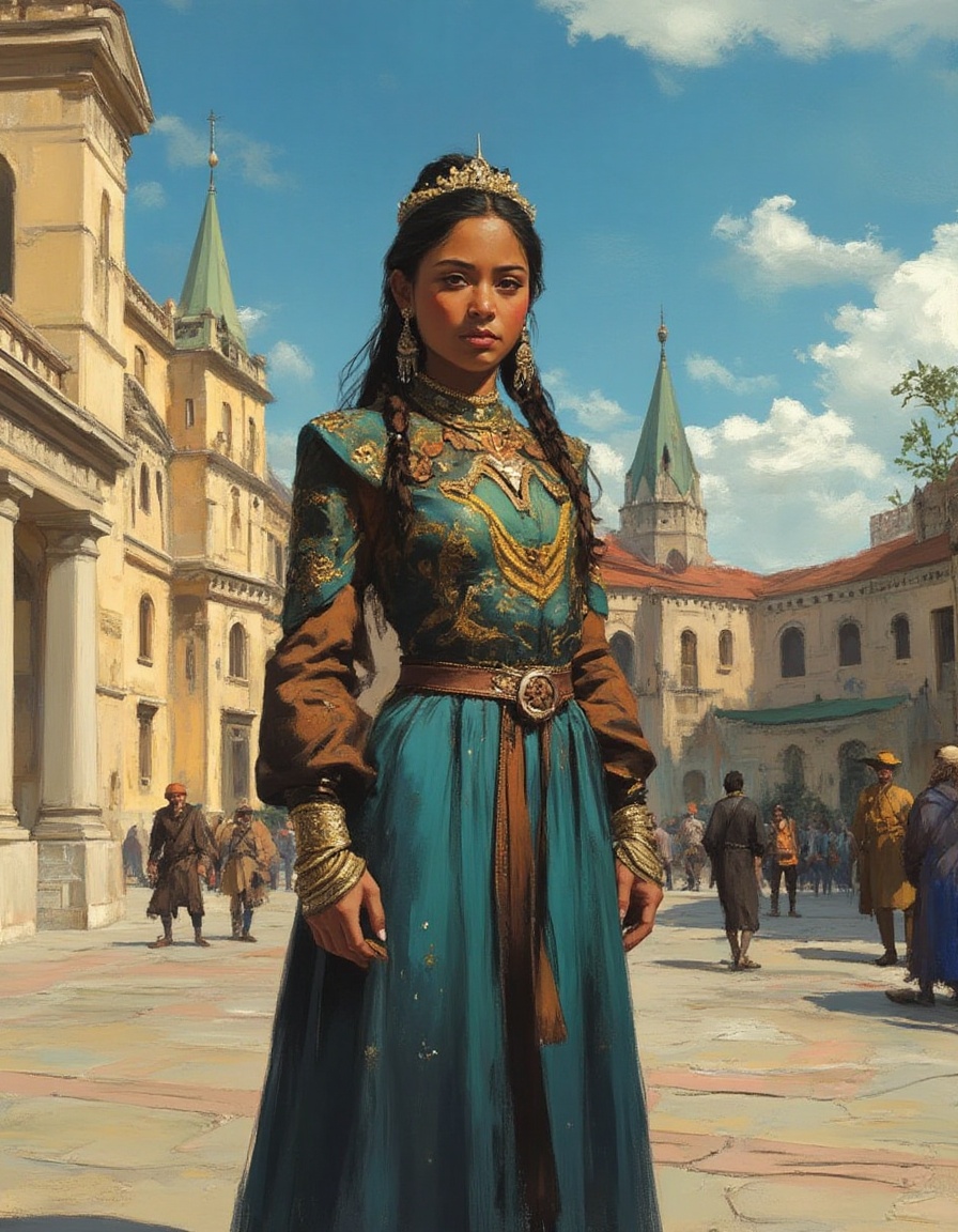 head and shoulders fantasy painting portrait of an Inuit princess in fashionable detailed outfit with rich colors standing...
