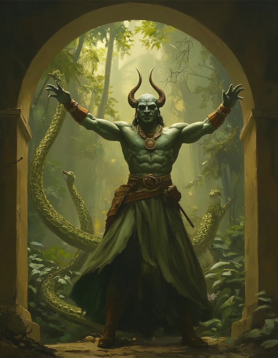 fantasy painting of a Yuan-ti Pureblood Sorcerer in a jungle temple,  conjuring serpentine illusions to protect ancient se...