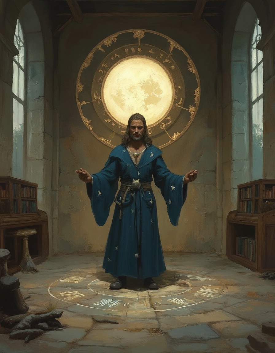 fantasy painting of a magician wearing indigo long robes with silver stars is standing in his stone and wood library casti...