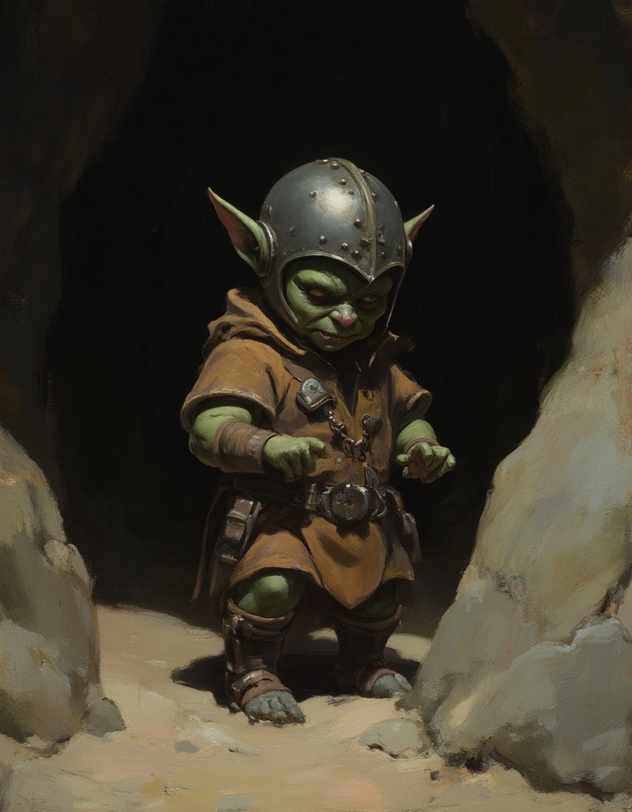 Fantasy painting of a diminutive frightening dark-green skin goblin in an iron helmet standing in front of the dark entran...