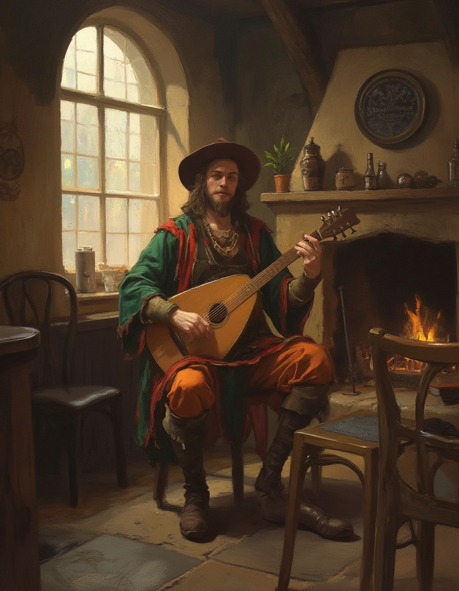 fantasy painting portrait of a bard in colorful traveler's robes plays a lute for a small audience in a rustic cozy pub. T...