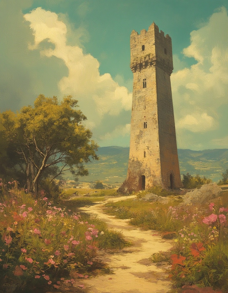 fantasy landscape painting of an abandoned tall tower coruscating diaphonous plant and construction material wistful roman...