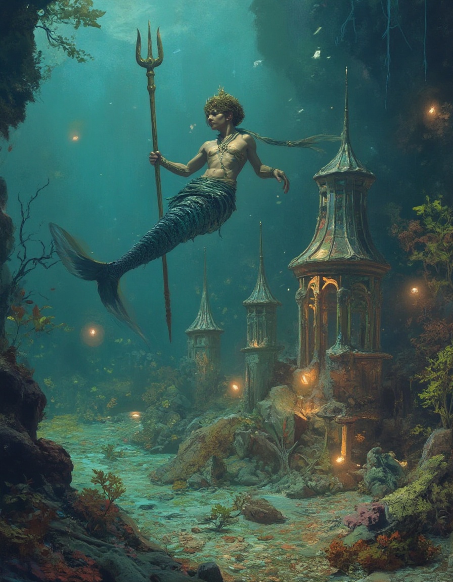fantasy painting of an underwater fantasy kingdom of mermaids and mermen holding tridents and floating above their colorfu...