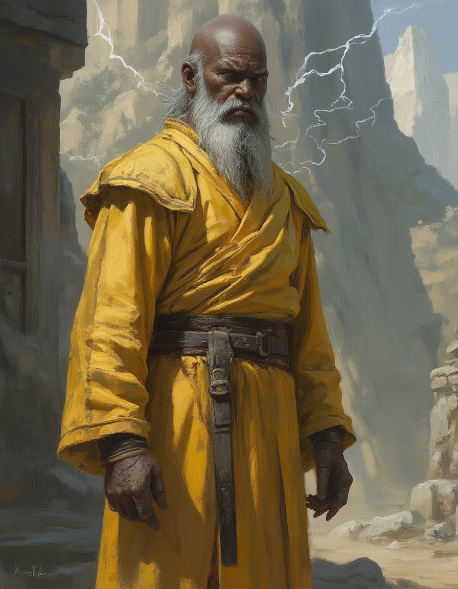fantasy painting of a wise old dark-skinned monk in yellow fighter's robes intense gaze standing in front of a stone mount...