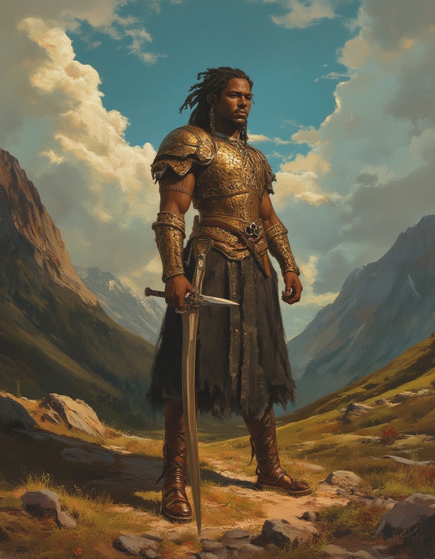 Fantasy painting of a medieval jamaican fantasy sci-fi hollywood warrior in front of tall mountains and dramatic sky on Te...