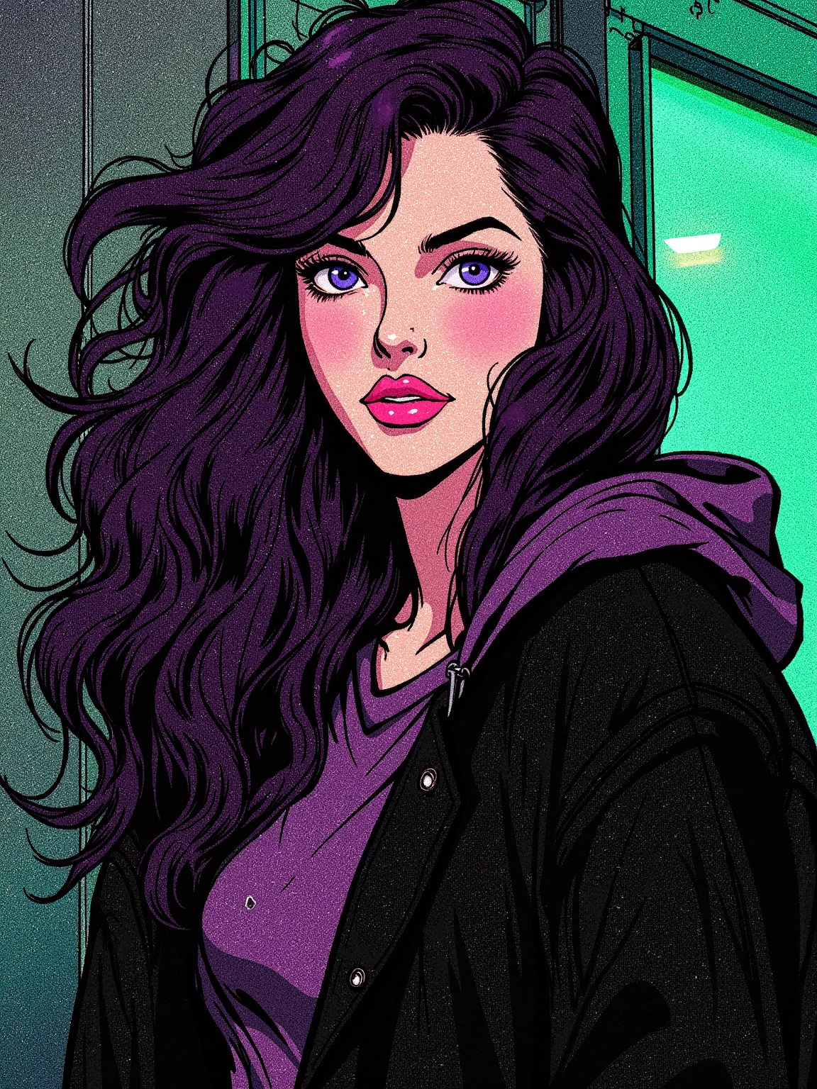 retro style,  a woman with long dark hair. The woman's hair is styled in a wavy manner. The wavy hair is a vibrant shade o...