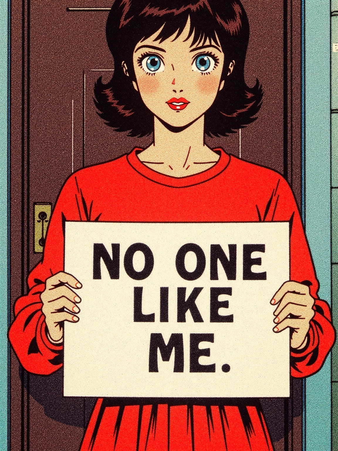 retro style,  A girl holding a sign that reads "NO ONE LIKE ME". The girl is wearing a red long-sleeved t-shirt and a red...