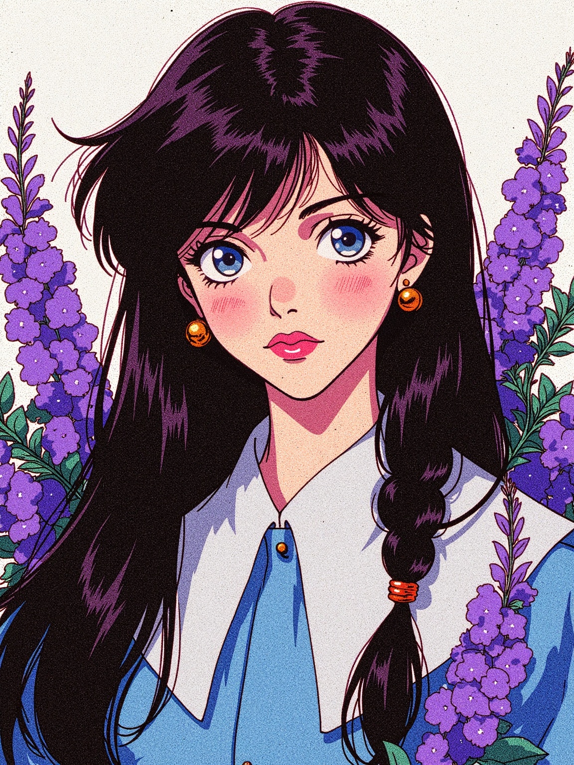 retro style,  a young girl with long dark hair,  blue eyes on Tensor.Art