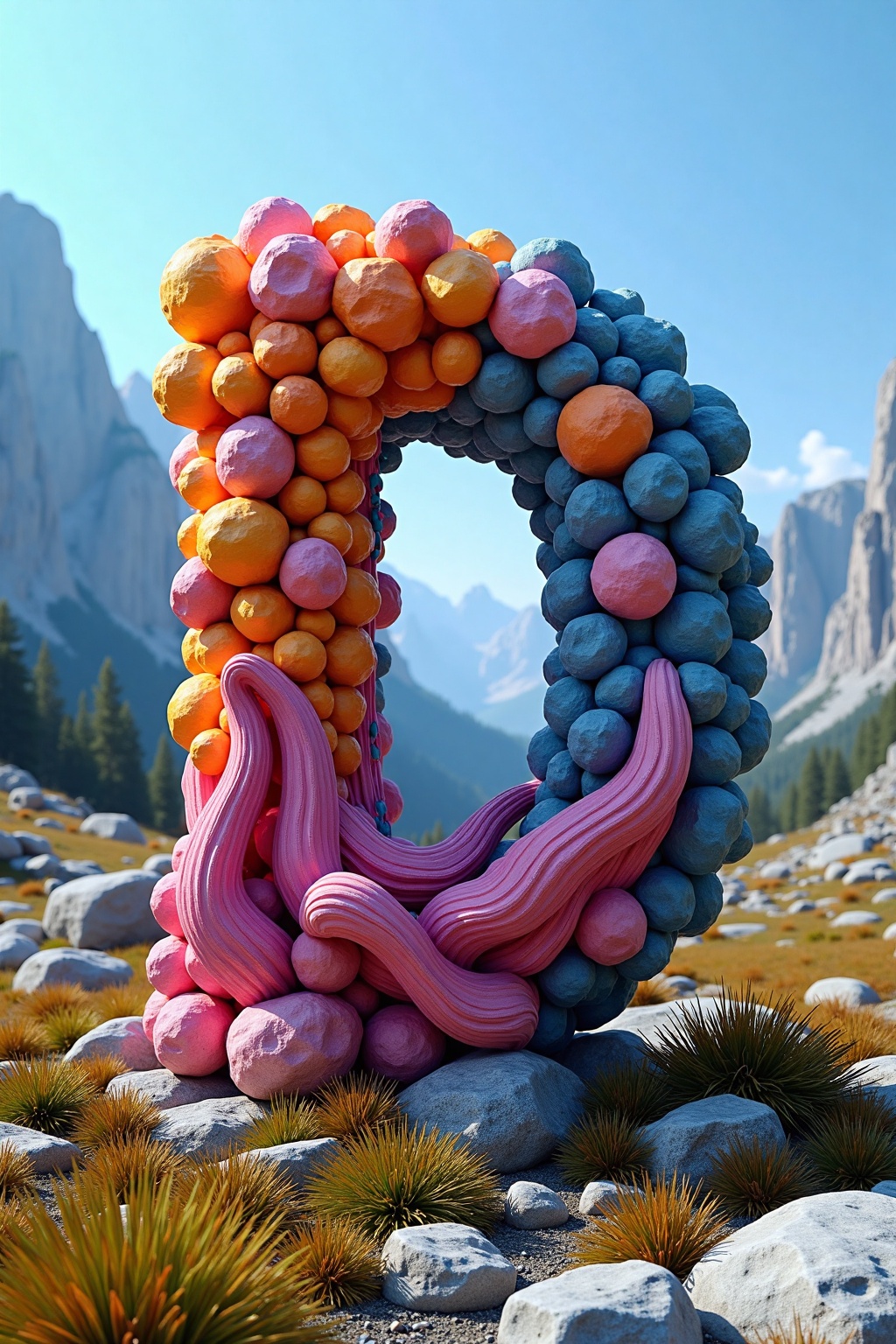 a vibrant vibrant eye-level shot captures a letter "D"art. The art is composed of a large,  rounded piece of rock,  adorne...