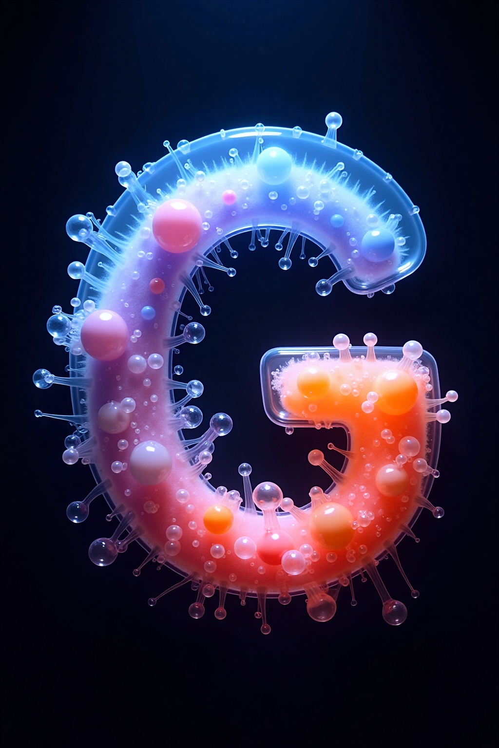 a close-up view of a blue,  pink,  and orange jellyfish is seen against a black backdrop. The jellyfish has a unique shape...