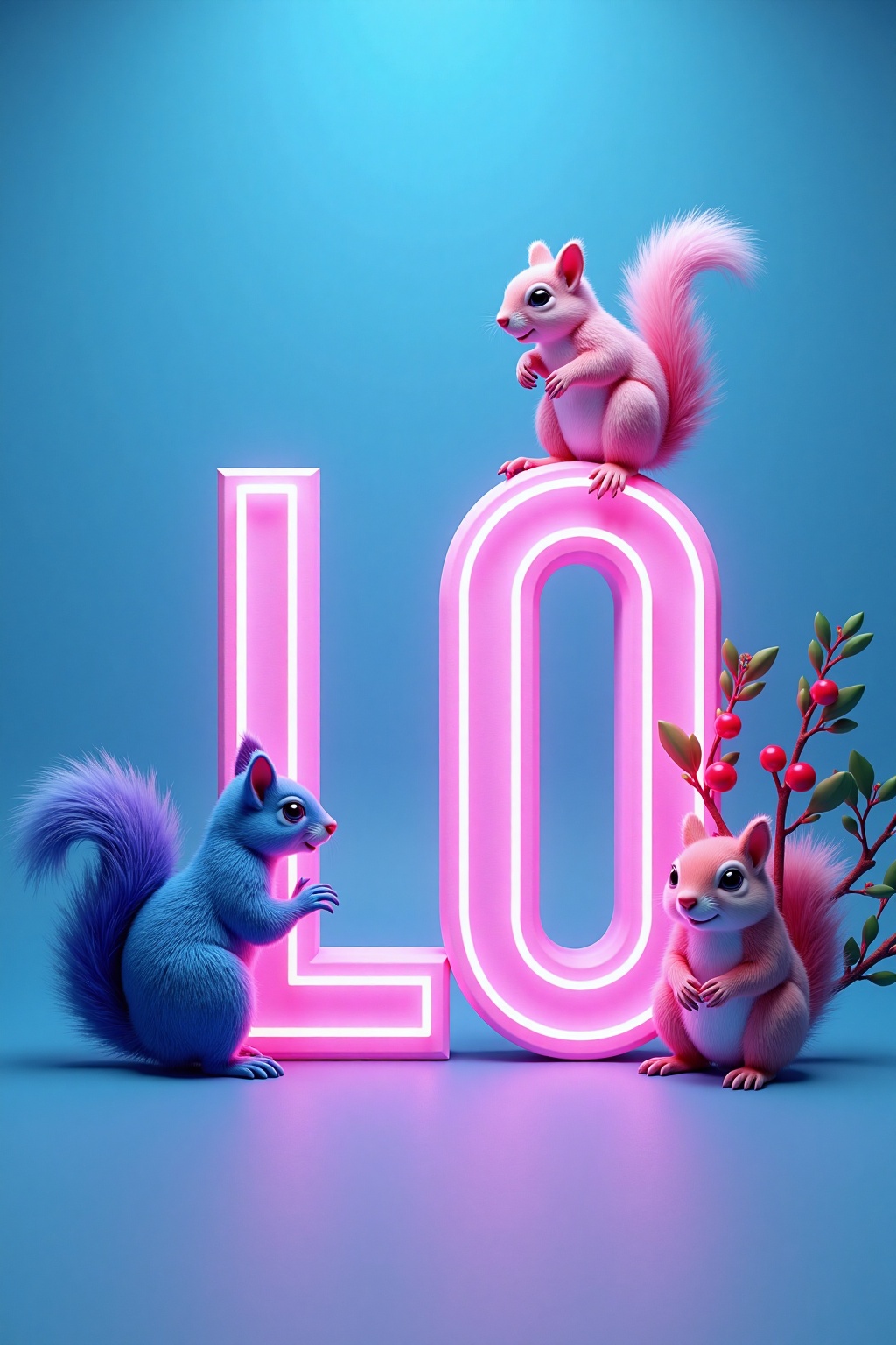 a vibrant vibrant blue backdrop features the word "LO" spelled out in neon letters. The letters,  "R" and "A" are prominen...