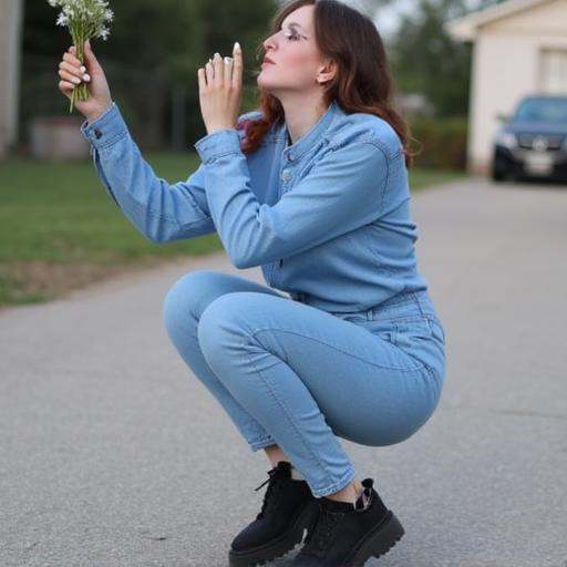 denim,  shirt,  holding flower on Tensor.Art