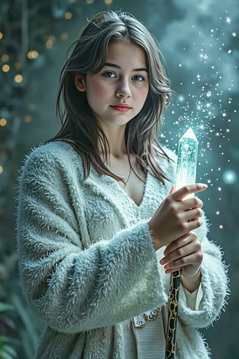 A mystical fantasy woman with an ethereal aura,  wearing a shimmering cloak that seems to be woven from starlight. Her lon...