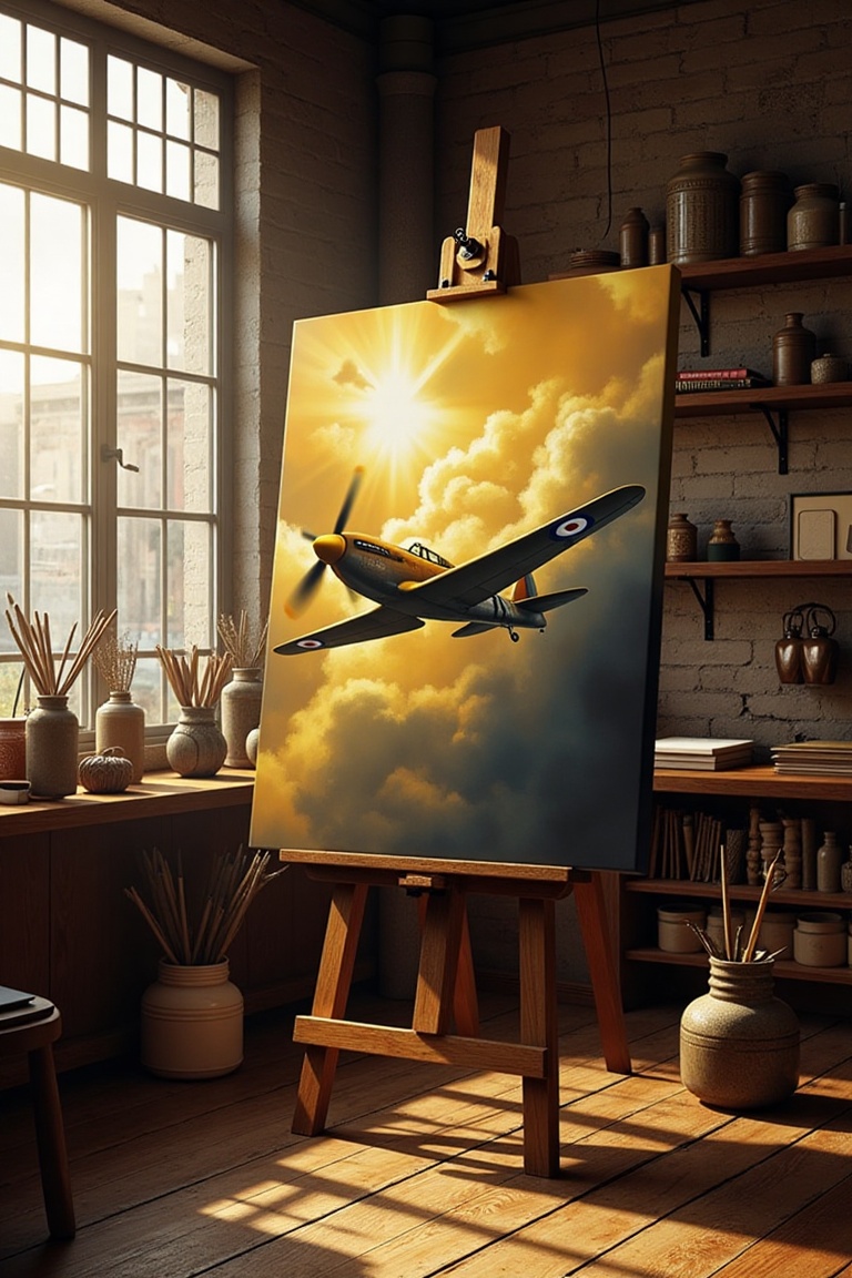 A hyperrealistic studio scene featuring a painting of a WWII fighter plane cutting through dramatic,  glowing golden cloud...