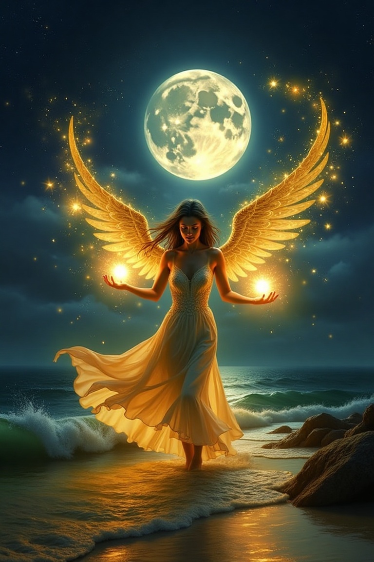 A moonlit night with a mystical woman standing gracefully under the glowing moon and looking at the viewer. Her eyes shimm...