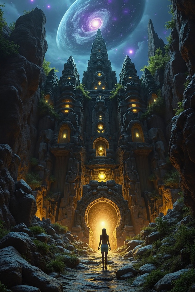 An external view of a mystical and mysterious underground temple,  partially buried in rocky terrain,  with hints of extra...