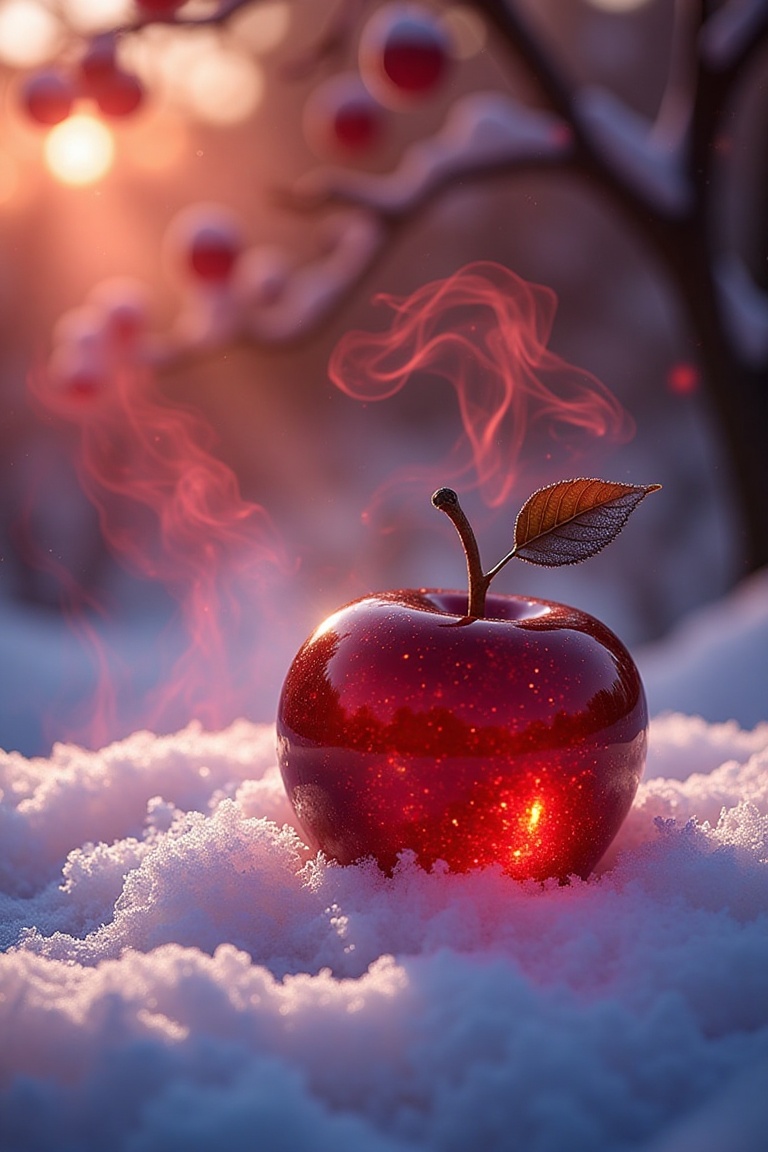 Mystical still life: on a bed of fluffy white snow,  like a precious stone,  rests a sparkling crystal red apple. Its surf...