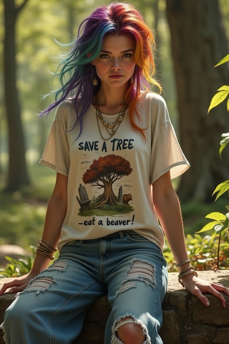(masterpiece,  high quality,  8K resolution). A young beautiful elven woman with colorful hair and elegant but messy hairs...