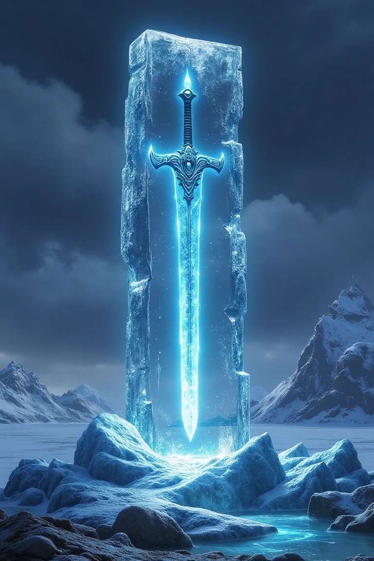 An ancient,  mythical sword trapped in a massive block of transparent ice,  glowing faintly with a mystical blue aura. The...