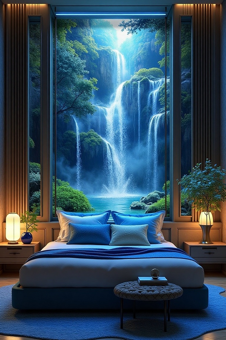 Waterfall Style Bedroom Design: A spacious room with a double bed decorated in the style of a magnificent waterfall and po...