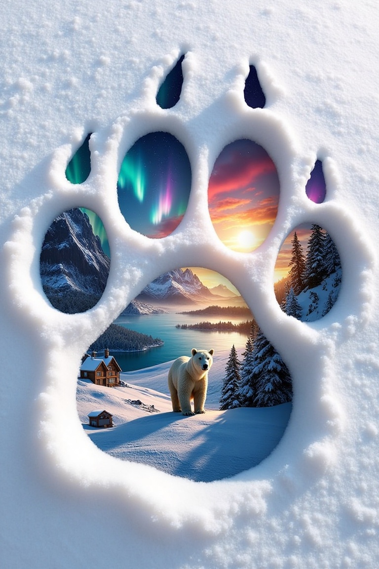 A bear paw print in snow,  revealing various winter landscapes within. The paw print is a large,  irregular shape on Tenso...
