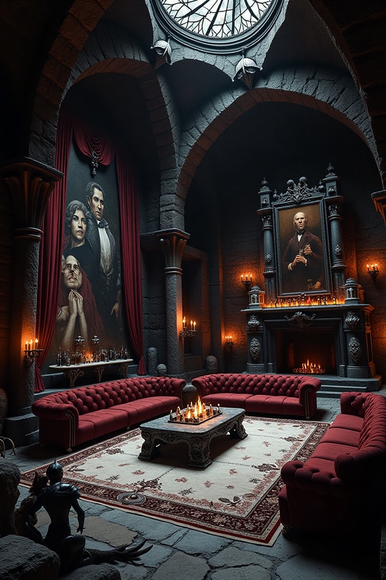 A photo-realistic picture of a dark huge living room,  in the castle of Count Dracula! It is a huge dark room,  completely...