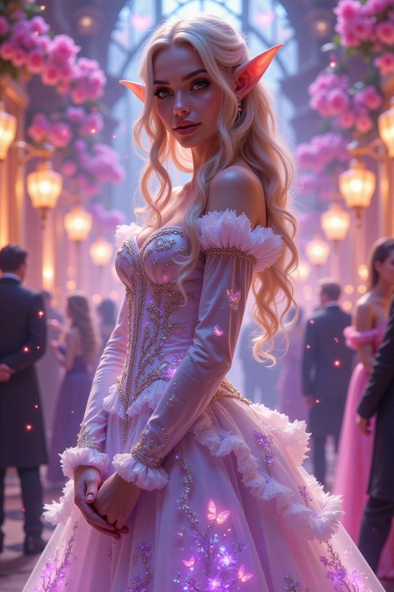 A breathtaking fantasy portrait of a 20-year-old elf woman standing gracefully at a grand Victorian-style ball. Her pale b...