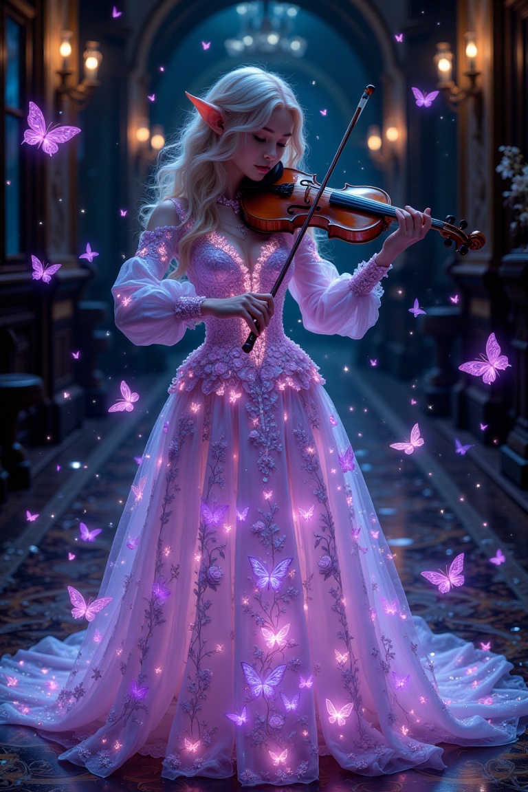 A breathtaking fantasy portrait of a 20-year-old elf woman standing in an almost pitch-black Victorian-style ballroom. The...