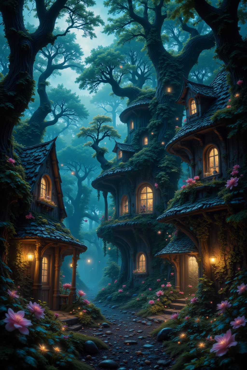 dreamscape a surreal dreamscape of a dark scifi fairy village,  filled with ethereal mystery amidst fantastical elements t...