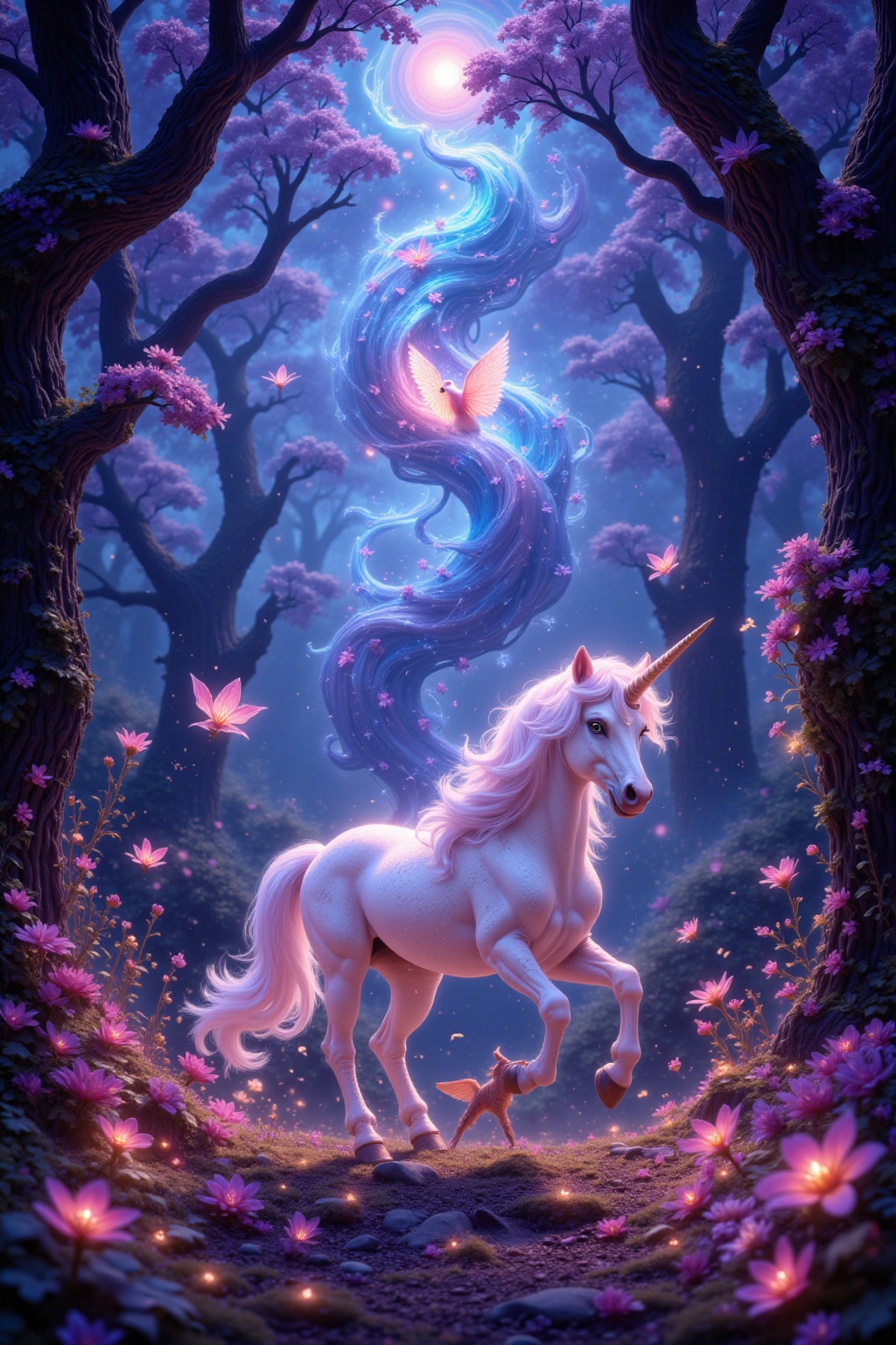 create a photo realistic image that the viewer has never envisioned before,  magical whimsy,  unicorn in a magical realm o...