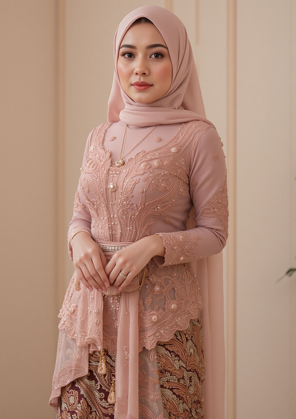 A woman in a blush maroon embroidered lace dress,  and matching hijab. The dress has intricate beading and embroidery,  wi...