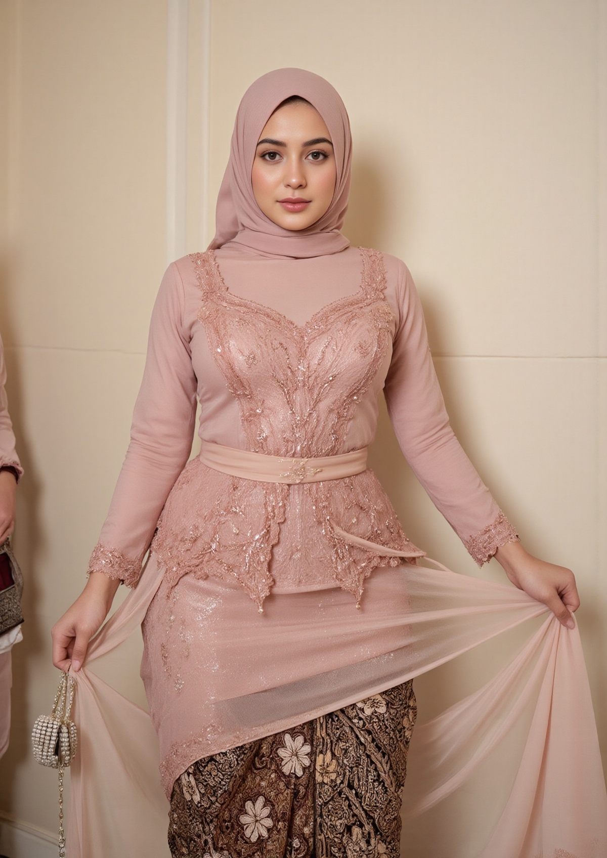 A woman in a blush pink embroidered lace dress,  and matching hijab. The dress has intricate beading and embroidery,  with...
