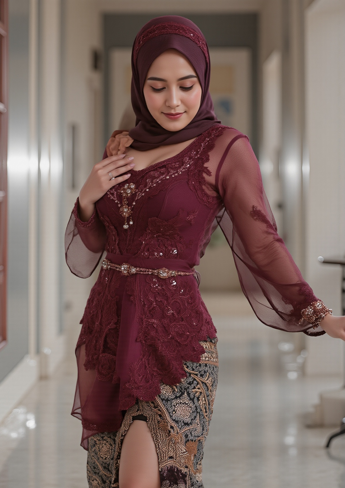 A woman in a maroon and black floral embroidered hijab dress,  in a light,  airy on Tensor.Art