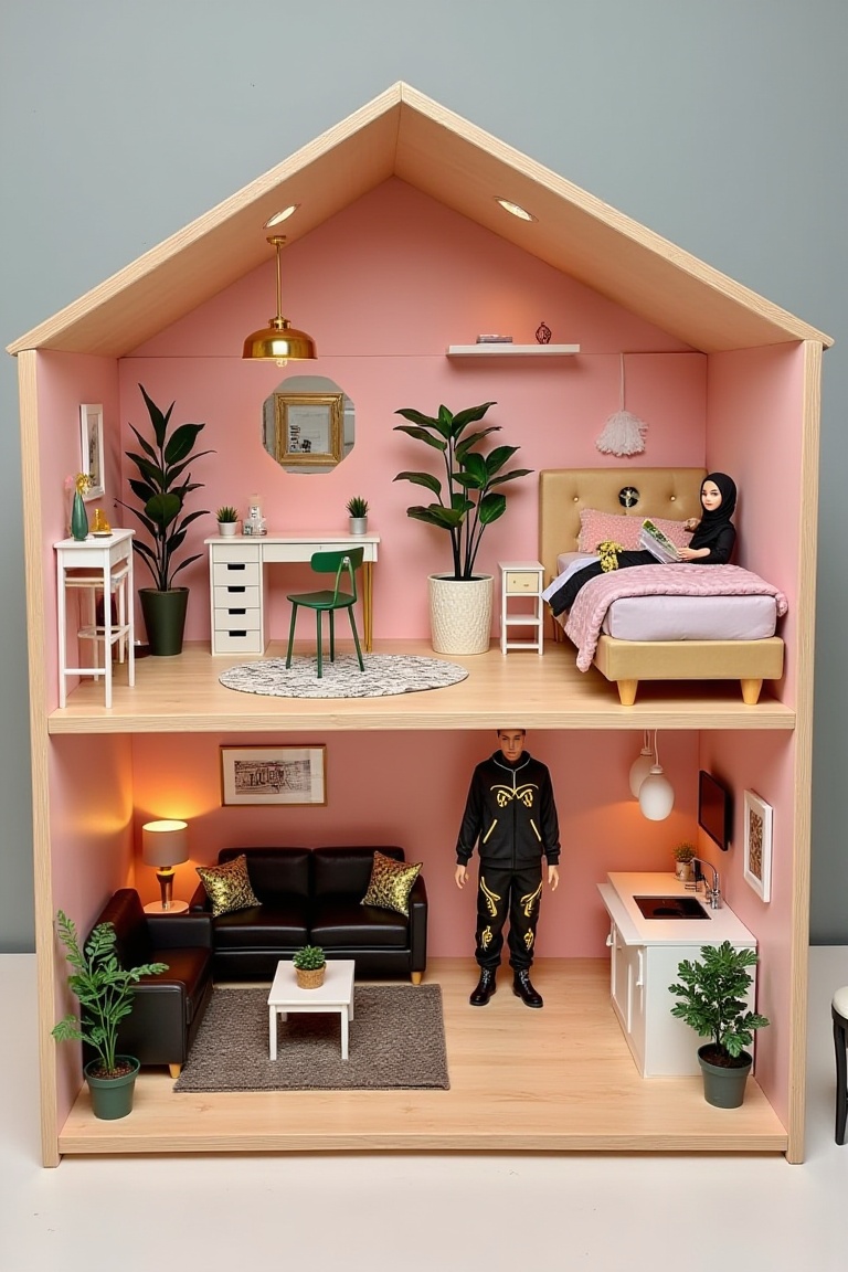 The image depicts a charming miniature dollhouse divided into two levels,  showcasing a cozy and stylish interior. On the...