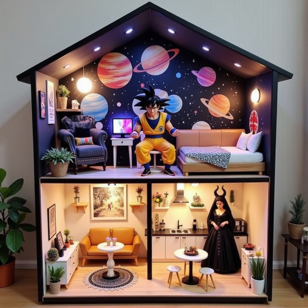 The image depicts a charming miniature dollhouse divided into two levels,  showcasing a cozy and stylish interior. On the...