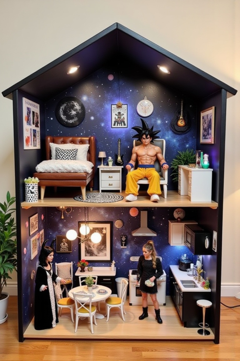 The image depicts a charming miniature dollhouse divided into two levels,  showcasing a cozy and stylish interior. On the...