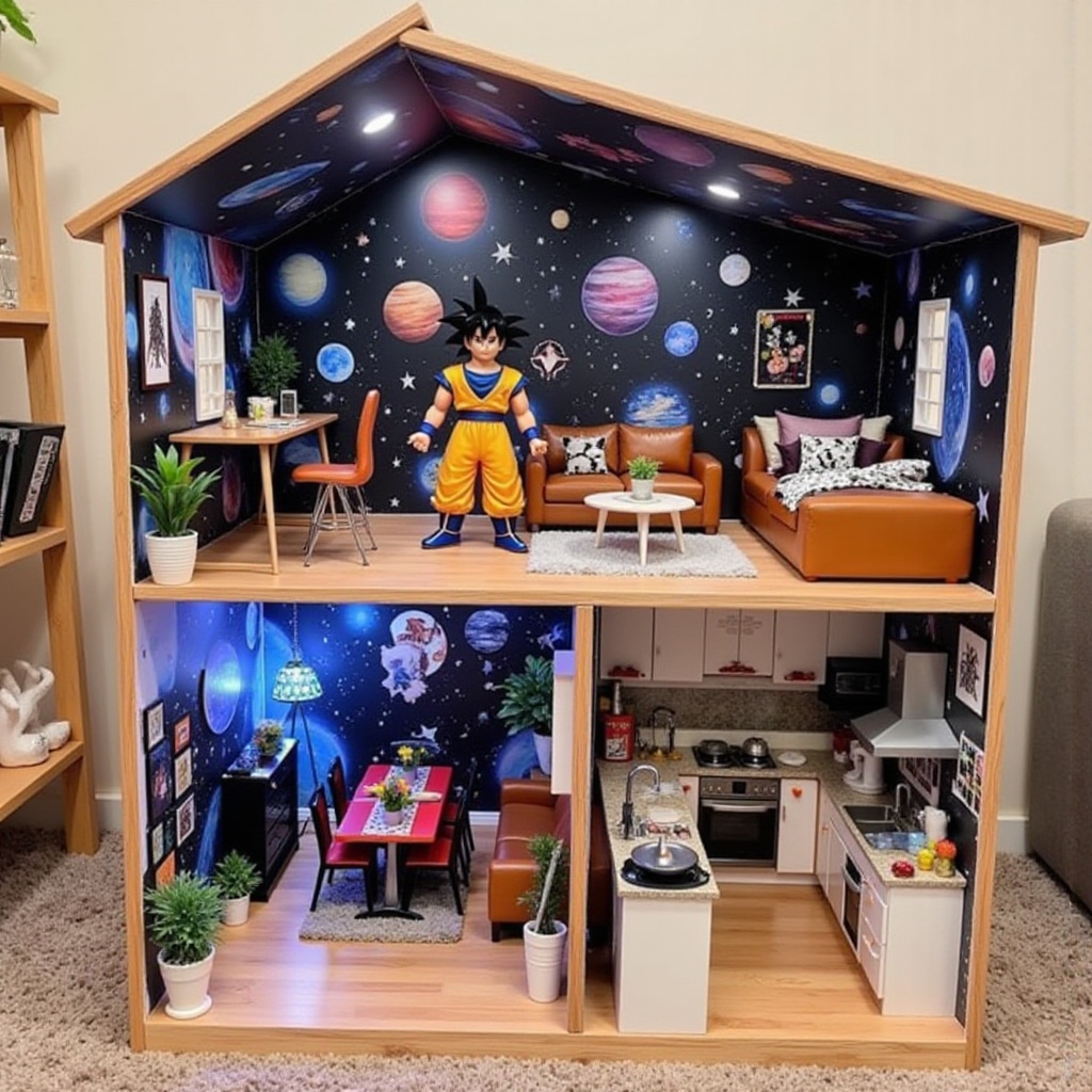 The image depicts a charming miniature dollhouse divided into two levels,  showcasing a cozy and stylish interior. On the...
