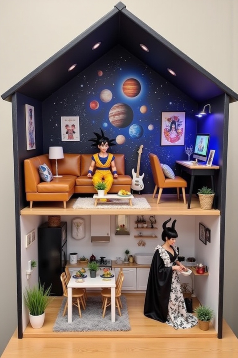 The image depicts a charming miniature dollhouse divided into two levels,  showcasing a cozy and stylish interior. On the...