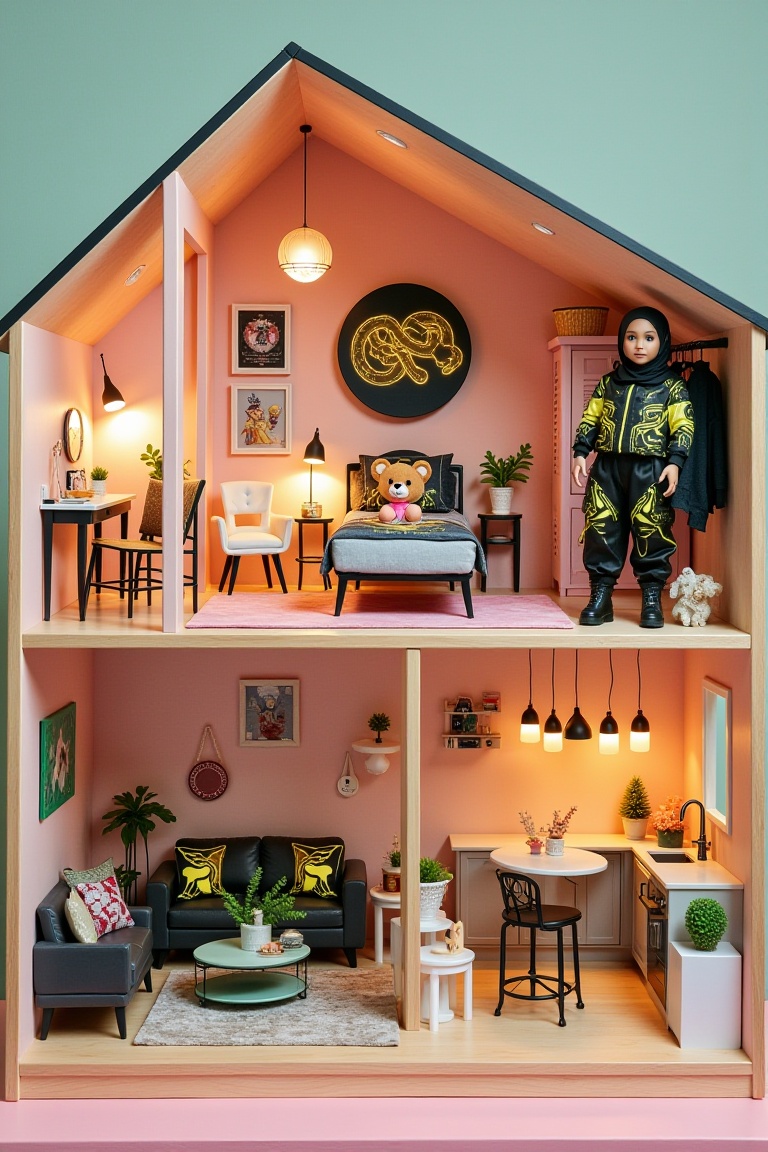 The image depicts a charming miniature dollhouse divided into two levels,  showcasing a cozy and stylish interior. On the...