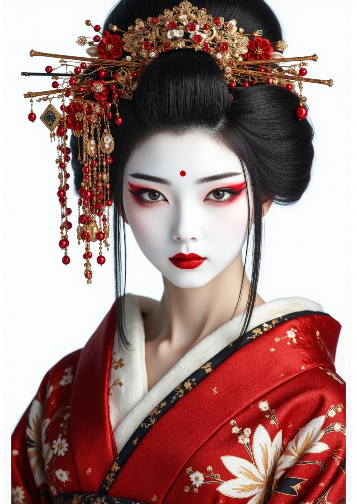look at the viewer,  A hyper-realistic portrait of a traditional Japanese geisha with a porcelain-white face,  adorned wit...