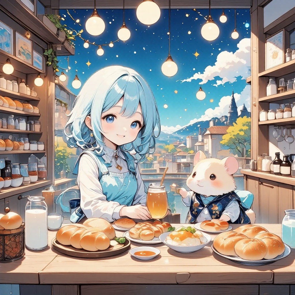 In a serene café where time seems to whisper its ancient tales,  (a girl of ethereal beauty,  her hair flowing like a casc...